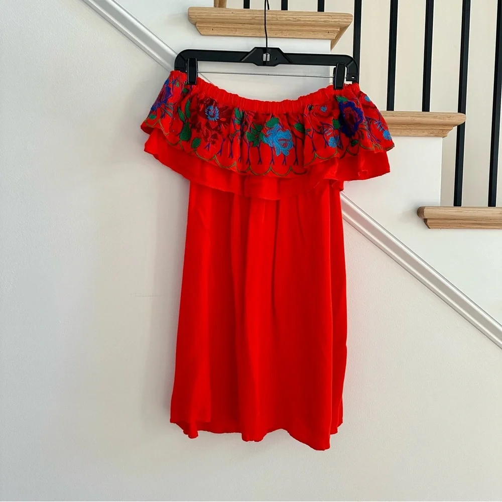 Altar’d State Red Off Shoulder Mini Dress with Flower Embroidery, Size XS - Picture 3 of 8